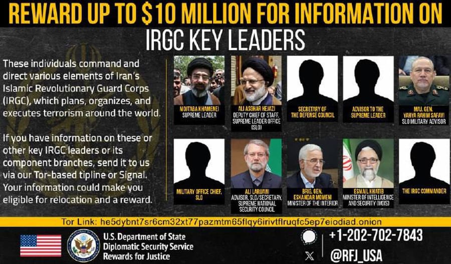 U.S. Offers $10M Bounty for Info on Mojtaba Khamenei and Top Iranian Officials