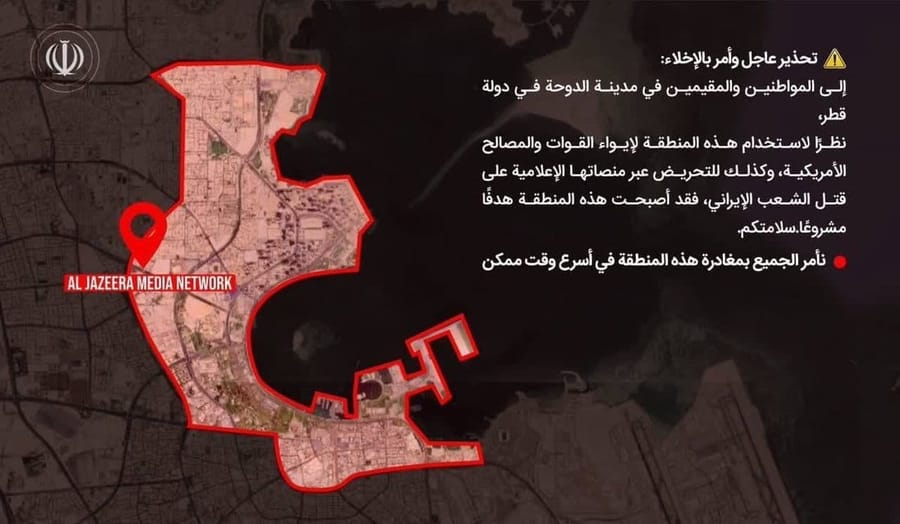 Iranian media issues evacuation warning for Doha, targets Al Jazeera offices
