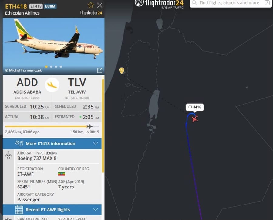 Flight from Ethiopia - Tel Aviv forced to turn around as a result of Iranian missile launches to Jordan