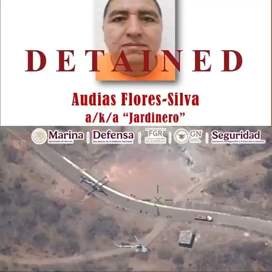 Footage of the arrest of "El Jardinero", a senior figure in the Jalisco Cartel, during a joint operation involving the Navy (Marina), the Army (Defensa), the Federal Prosecutor's Office (FGR), the National Guard (GN), and the Secretariat of Security (Seguridad).