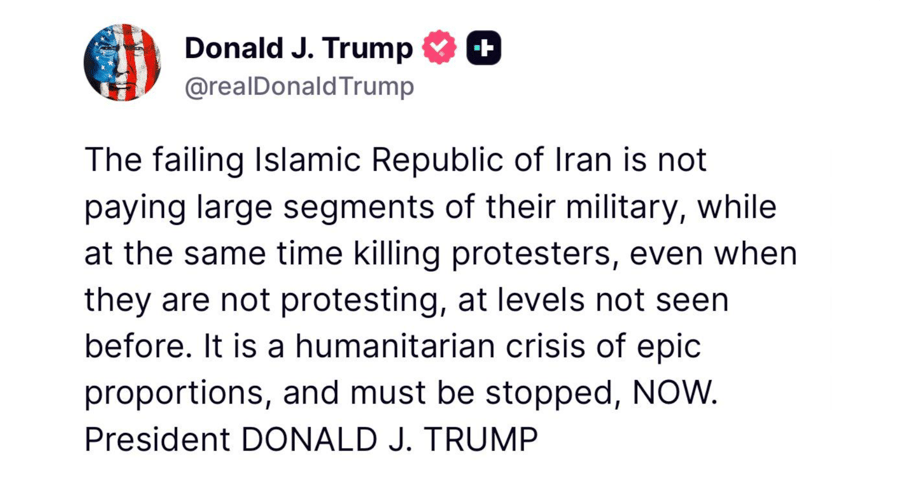 Trump says Iran not paying military, killing protesters at unprecedented scale