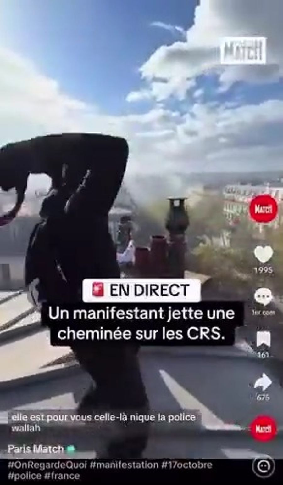 Rioter throwing chimney at police