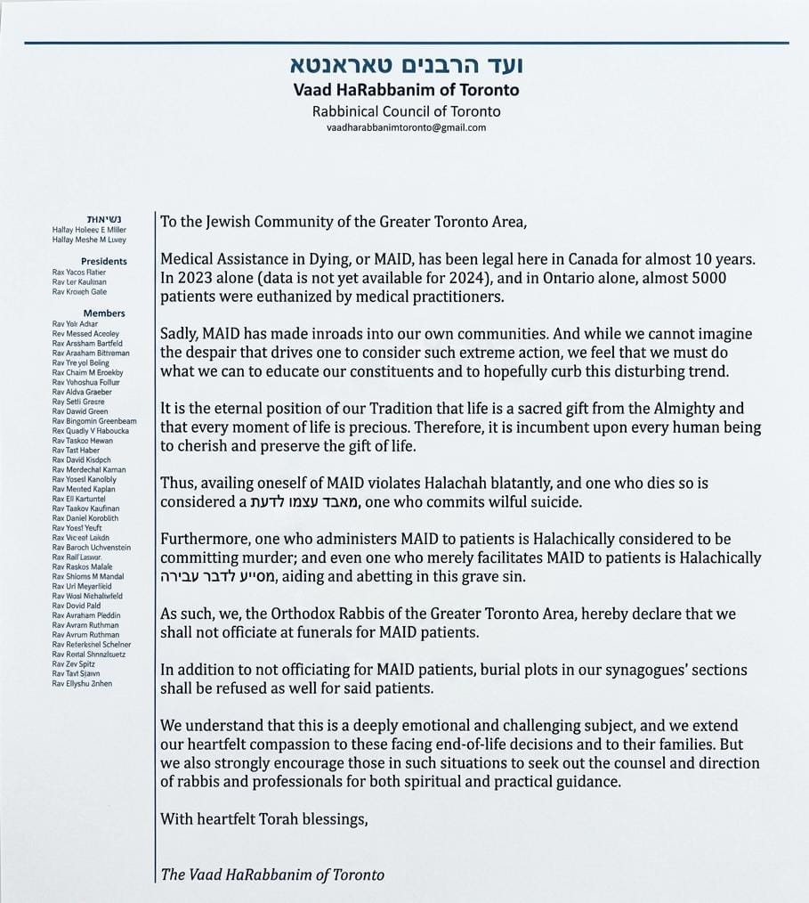 Vaad HaRaabanim of Torotno take a stand against euthanasia