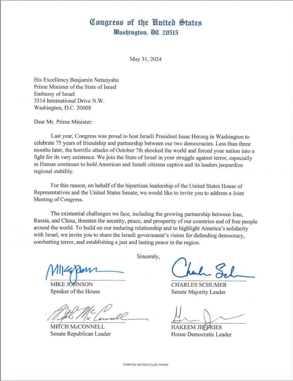 Invitation for Netanyahu to speak before Congress.