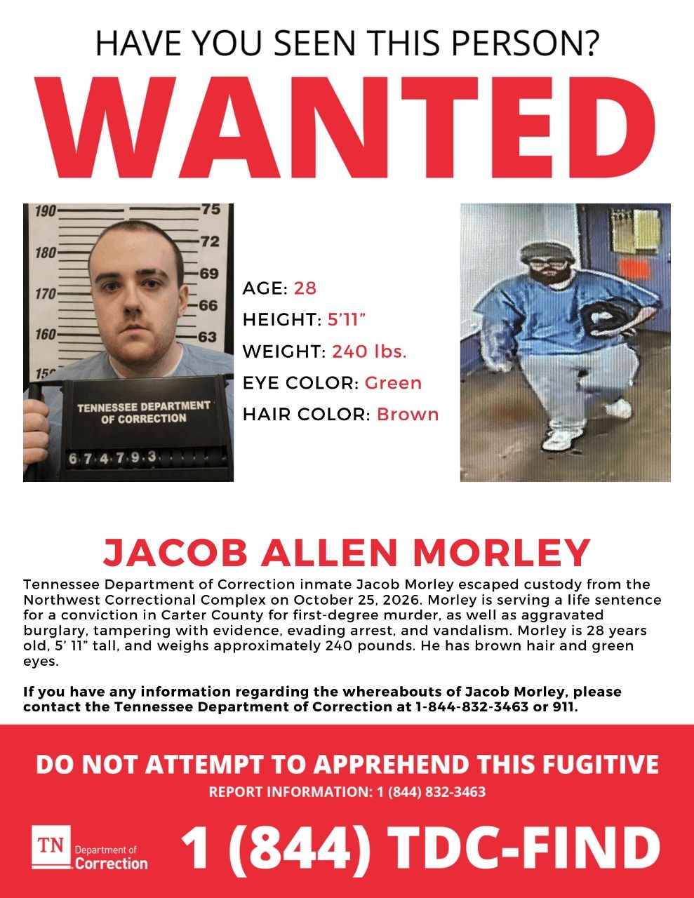 Wanted poster calling for public assistance in locating Morley