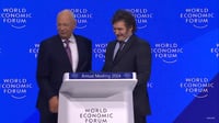 Klaus Schwab WEF's chairman & Argentina President Javier Milei at the WEF Annual Meeting 2024 in Davos.