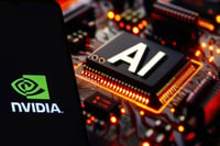 NVIDIA logo on phone and blurred AI chip on the background, February 15, 2024