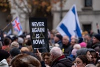 Crowds holding banner saying 'Never Again is Now', at the March Against Antisemitism