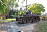 A tank seen at Degania Alef, the first kibbutz established by Jewish Zionist pioneers in Palestine, then under Ottoman rule
