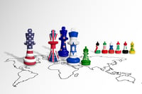 Chess made from Israel, EU, UK, USA, Palestine, Iran, Russia, Lebanon, Syria, Hezbollah and Hamas flags on a world map