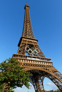 The view of Eiffel tower with Olympic rings of the Paris 2024 Olympic Games