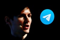 The logo of Telegram app with founder Pavel Durov in the background