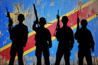 Congo flag on backdrop of soldiers