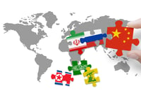  Puzzle made from flags of Iran, Russia, North Korea, Hamas, Hezbollah and China 