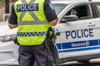 Rear view of a policeman in front of a police car