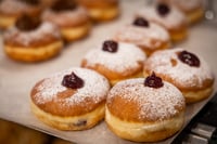 "Sufganiyot" (donuts) sold at the Roladin bakery ahead of Hanukkah, outside the Mahane Yehuda Market in Jerusalem