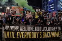 Demonstrators protest for the release of Israelis held hostage in the Gaza Strip, outside Hakirya Base in Tel Aviv, January 20, 2025