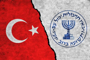 Illustration. Turkey and Mossad painted flags on a wall with a crack.