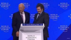 Klaus Schwab WEF's chairman & Argentina President Javier Milei at the WEF Annual Meeting 2024 in Davos.