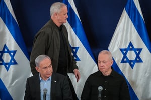 Israeli prime minister Benjamin Netanyahu, Minister of Defense Yoav Galant, and Minister Benny Gantz attend a press conference at the Ministry of Defense, in Tel Aviv. December 16, 2023.