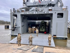 U.S. Army Vessel General Frank S. Besson embarking for the Gaza Stirp with port equipment.