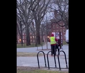 Harvard employee caught tearing down hostage posters.