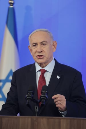 Israeli prime minister Benjamin Netanyahu holds a press conference at the Ministry of Defense in Tel Aviv on February 29, 2024. 