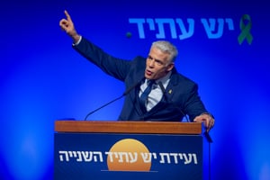 Head of the Yesh Atid party MK Yair Lapid speaks to supporters after winning the elections for the party head in Tel Aviv on March 28, 2024. 
