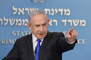 Israeli prime minister Benjamin Netanyahu speaks during a press conference in Jerusalem on March 31, 2024. 
