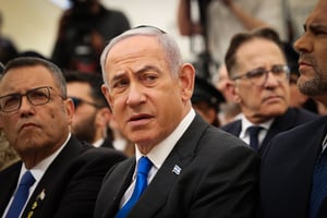 Israeli Prime Minister Binyamin Netanyahu at a ceremony on the eve of Israeli Remembrance Day for Israel's fallen soldiers and victims of terror, at "Yad Lebanim" in Jerusalem on May 12, 2024. 