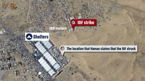 Infographic showing the distance between the IDF's actual strike zone and Hamas' claims.