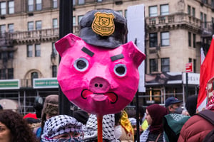 Pro-Palestine protester holds a mask of a pig whose badge says "NYPD, KKK, IDF". December, 2023.