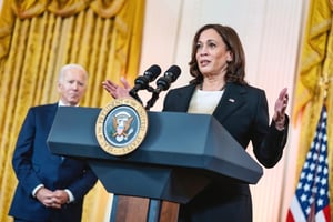 Washington D.C., USA - October 24 2022: Kamala Harris addressing the media from a presidential podium in the East Room of the White House
