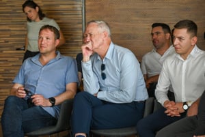 Minister Benny Gantz, Minister Gadi Eisenkot and National Unity Party members visit the Ein Kshatot Heritage site in the southern Golan Heights on April 18, 2024. 