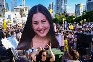 Israelis protest calling for the release of Israelis held hostage in the Gaza Strip and marking the 20th birthday of Naama Levy in captivity,  at Hostages Square in Tel Aviv, June 22, 2024. 