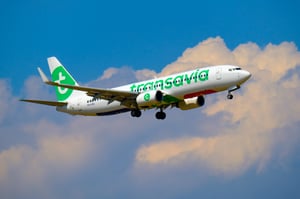 Transavia airlines airplane preparing for landing 