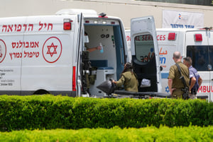 Israeli soldiers seen outside the Ziv Medical center in Tzfat,  after evacuating a wounded man, June 23, 2024. 