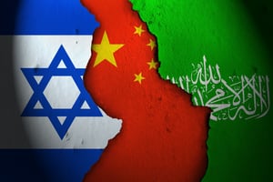 The flags of Israel, China, and terror organisation Hamas