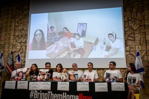 Families of Israeli observation soldiers kidnapped from Nahal Oz surveillance outpost on October 7, speak to press in Tel Aviv