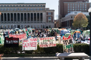Pro-Palestinian supporters set up a protest encampment on the campus of Columbia University in New York, April 22, 2024