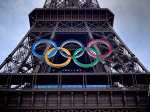 PARIS, FRANCE - JUNE 8 2024: The Olympic Rings installed on the Eiffel Tower ahead of the Paris 2024 Olympic Games 