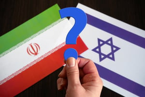 Hands hold the question mark against the background of the flags of Israel and Iran