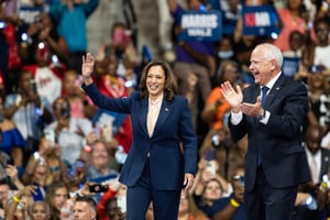 Vice President Kamala Harris and Governor of Minnesota Tim Walz at the rally in Liacouras Center at Temple University on August 6, 2024 