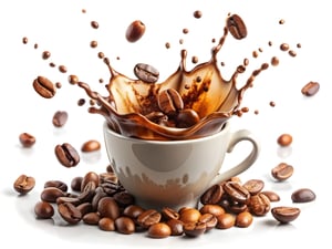 Coffee splash with coffee beans on white background 