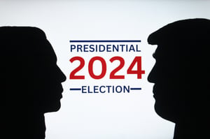 Silhouettes of ex-president Donald Trump and vice president Kamala Harris 