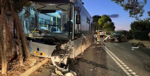 The car and bus involved in the accident 