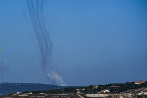 Missiles launched from southern Lebanon towards Israel, as it seen from the Israeli side of the border