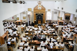 Ultra orthodox men study at the Mir Yeshiva in the ultra orthodox neighborhood of Mea Shearim, Jerusalem, May 30, 2024