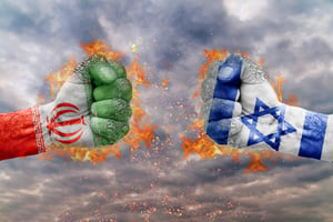 Two fists with the flag of Iran and Israel faced at each other ready for a fight