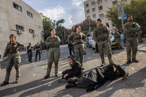 Ultra orthodox Jews protest against the drafting of ultra orthodox jews outside an IDF Recruitment Center in Jeursalem, October 31, 2024. 